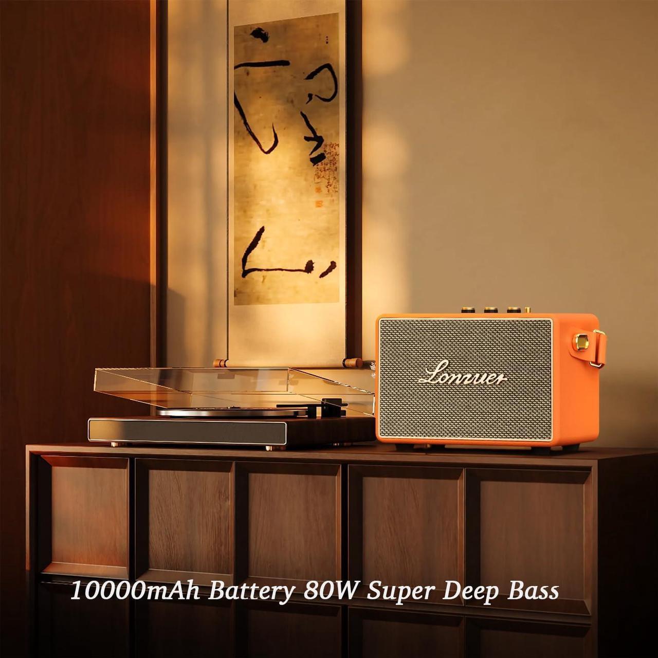 Alt view image 3 of 6 - 10000mAh Rechargeable 80Watts Retro Classy Wooden Portable Blue Tooth Aesthetic Home Party Speaker Bluetooth Wireless Vintage Style with Subwoofer Leather Strap Handle-Orange
