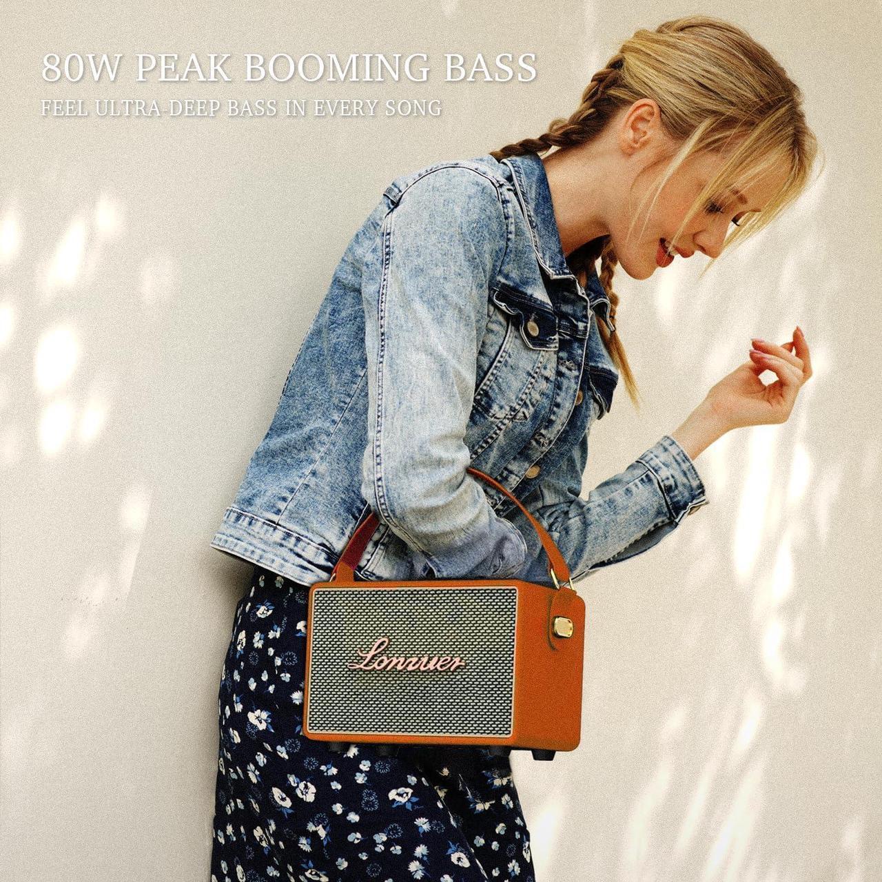 Alt view image 4 of 6 - 10000mAh Rechargeable 80Watts Retro Classy Wooden Portable Blue Tooth Aesthetic Home Party Speaker Bluetooth Wireless Vintage Style with Subwoofer Leather Strap Handle-Orange