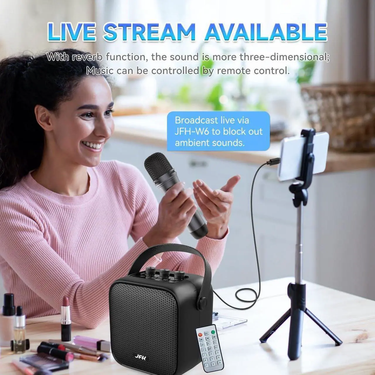 Alt view image 4 of 6 - JFH Portable Bluetooth Speaker with Wireless Microphone,80W Peak Speaker with Remote, Bluetooth 5.3 Outdoor Speakers, Wireless Stereo Pairing, Portable Speaker for PartyHome,Travel