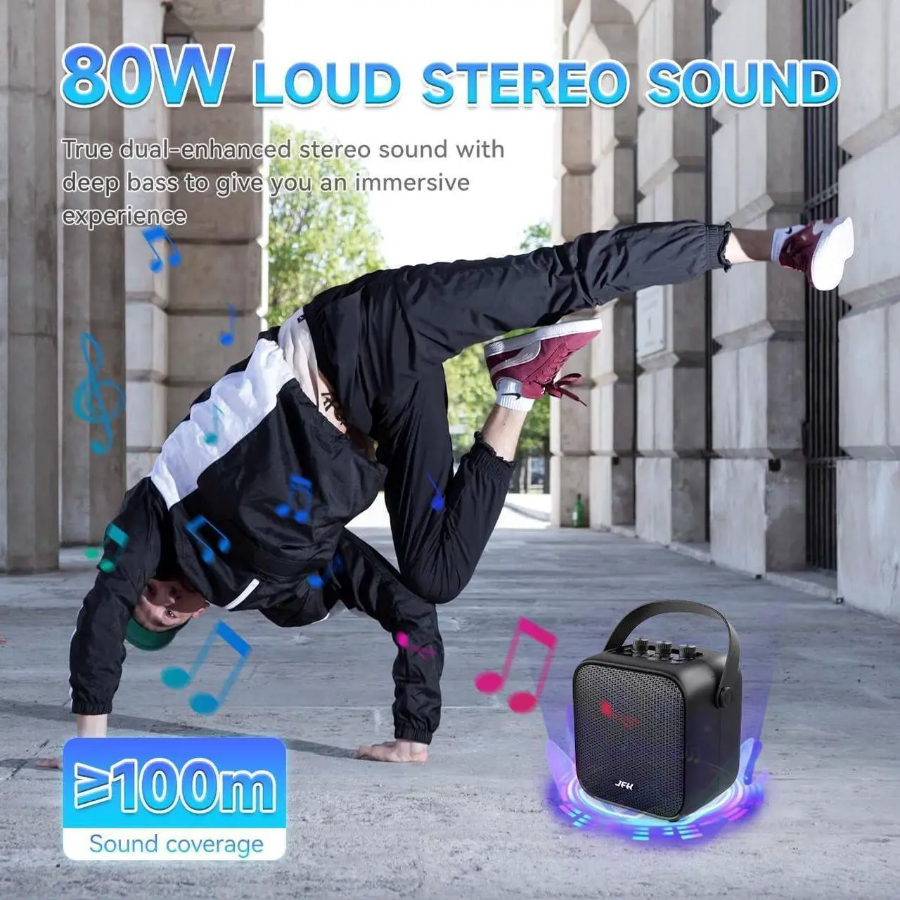 Alt view image 3 of 6 - JFH Portable Bluetooth Speaker with Wireless Microphone,80W Peak Speaker with Remote, Bluetooth 5.3 Outdoor Speakers, Wireless Stereo Pairing, Portable Speaker for PartyHome,Travel