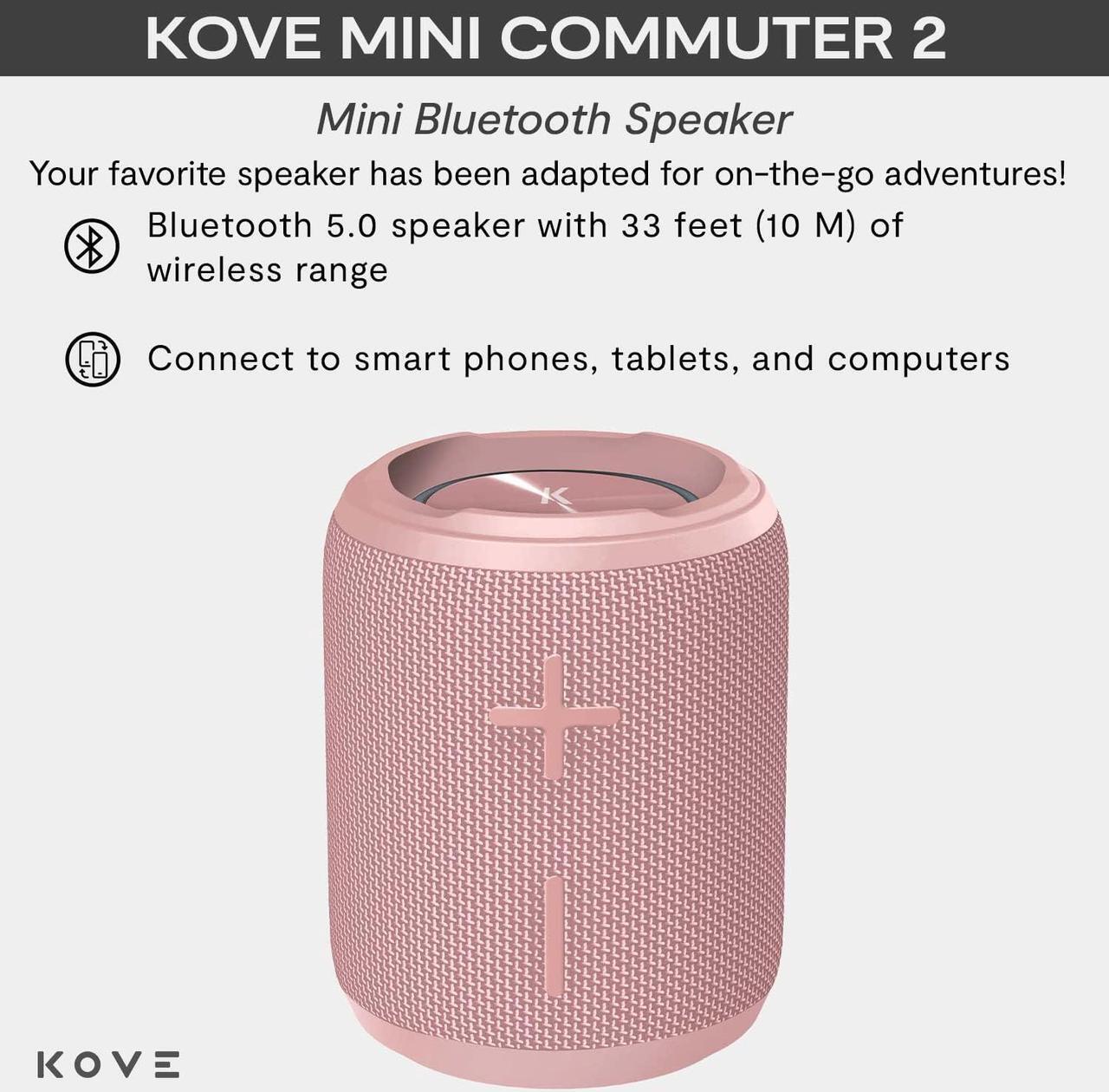 Alt view image 2 of 7 - KOVE Mini Commuter 2 Portable Speaker - Pink Bluetooth Speakers, Wireless with HD Louder Volume, Deep Bass Subwoofer, Microphone, IPX7 Water Resistant - Perfect Boom Box for Home, Outdoor or Travel