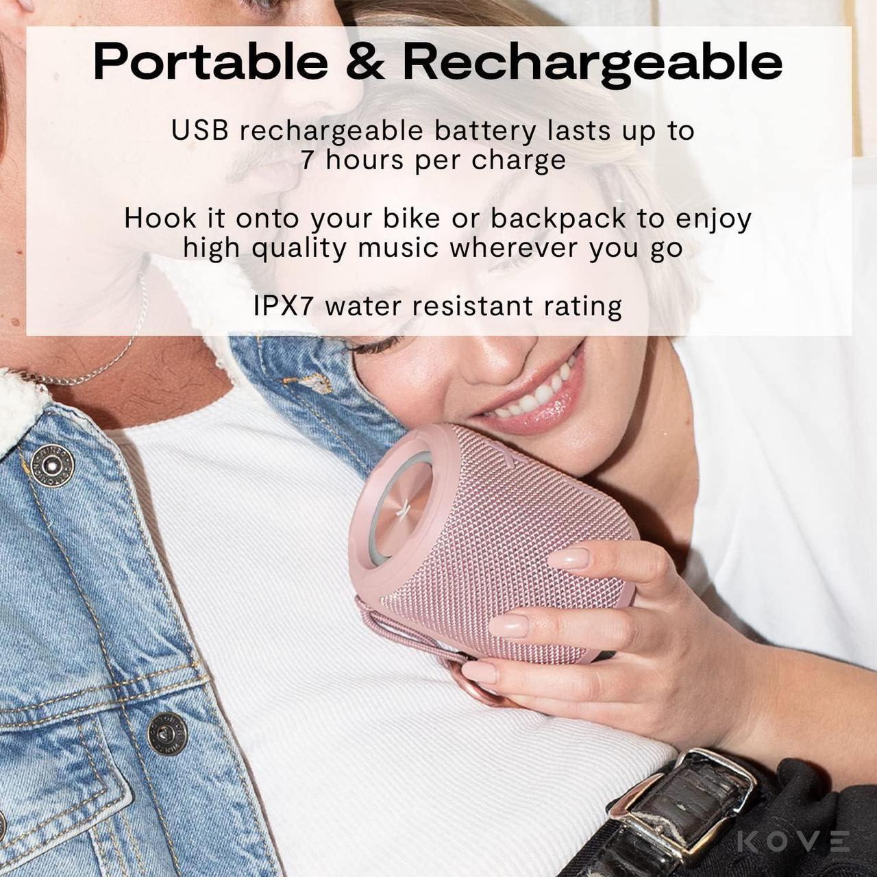 Alt view image 4 of 7 - KOVE Mini Commuter 2 Portable Speaker - Pink Bluetooth Speakers, Wireless with HD Louder Volume, Deep Bass Subwoofer, Microphone, IPX7 Water Resistant - Perfect Boom Box for Home, Outdoor or Travel