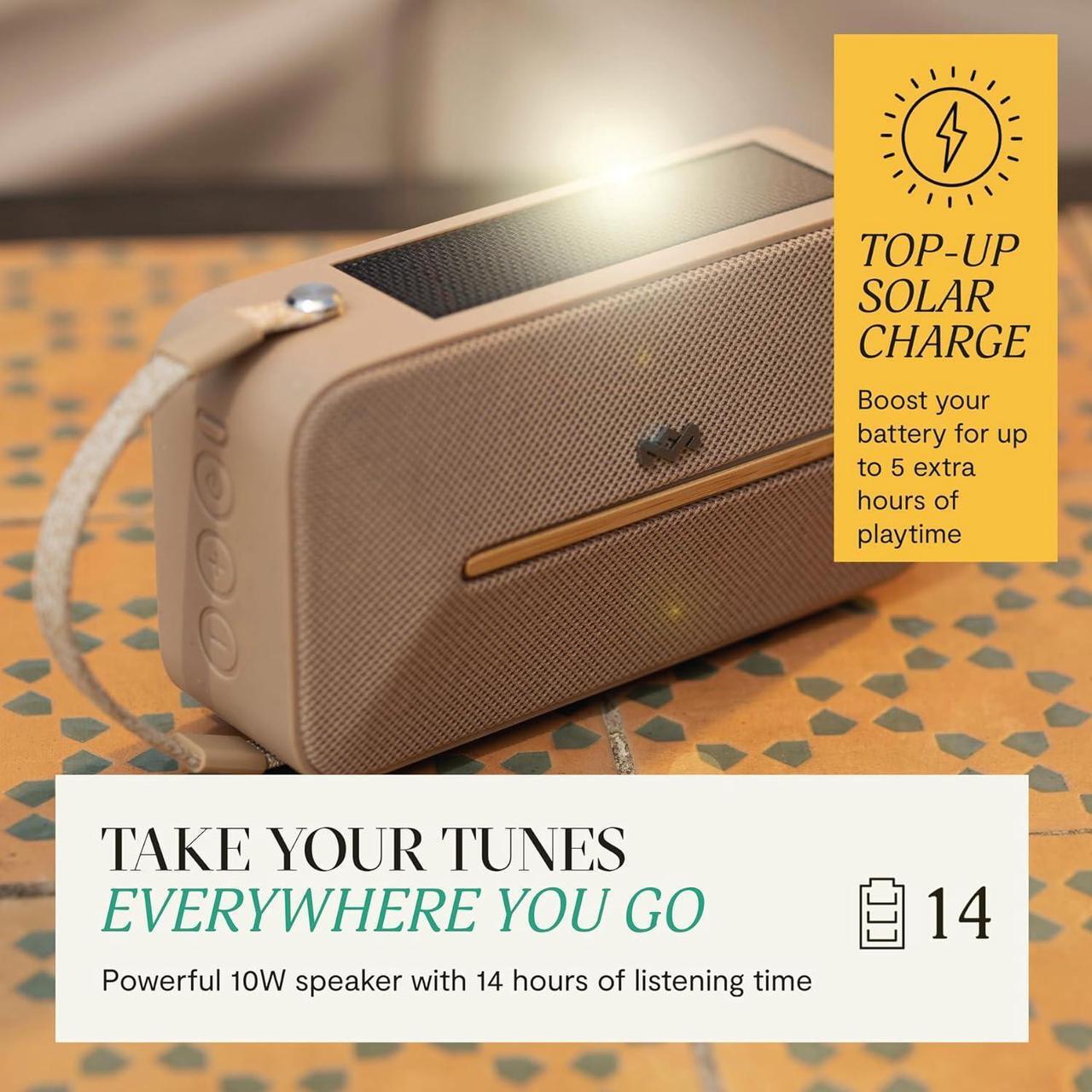 Alt view image 3 of 7 - House of Marley Rise Up Solar Bluetooth Speaker, IP67 Waterproof, 14H Playtime, Solar Charging, Quick Charge, Eco-Friendly Recycled Materials, Bamboo Design & Bottle Opener (Cream)