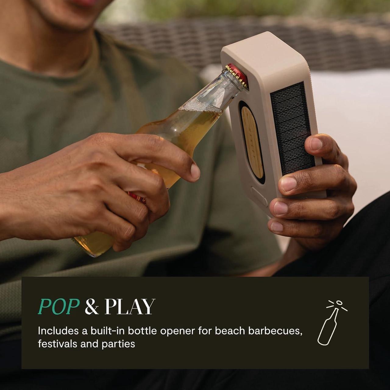 Alt view image 5 of 7 - House of Marley Rise Up Solar Bluetooth Speaker, IP67 Waterproof, 14H Playtime, Solar Charging, Quick Charge, Eco-Friendly Recycled Materials, Bamboo Design & Bottle Opener (Cream)