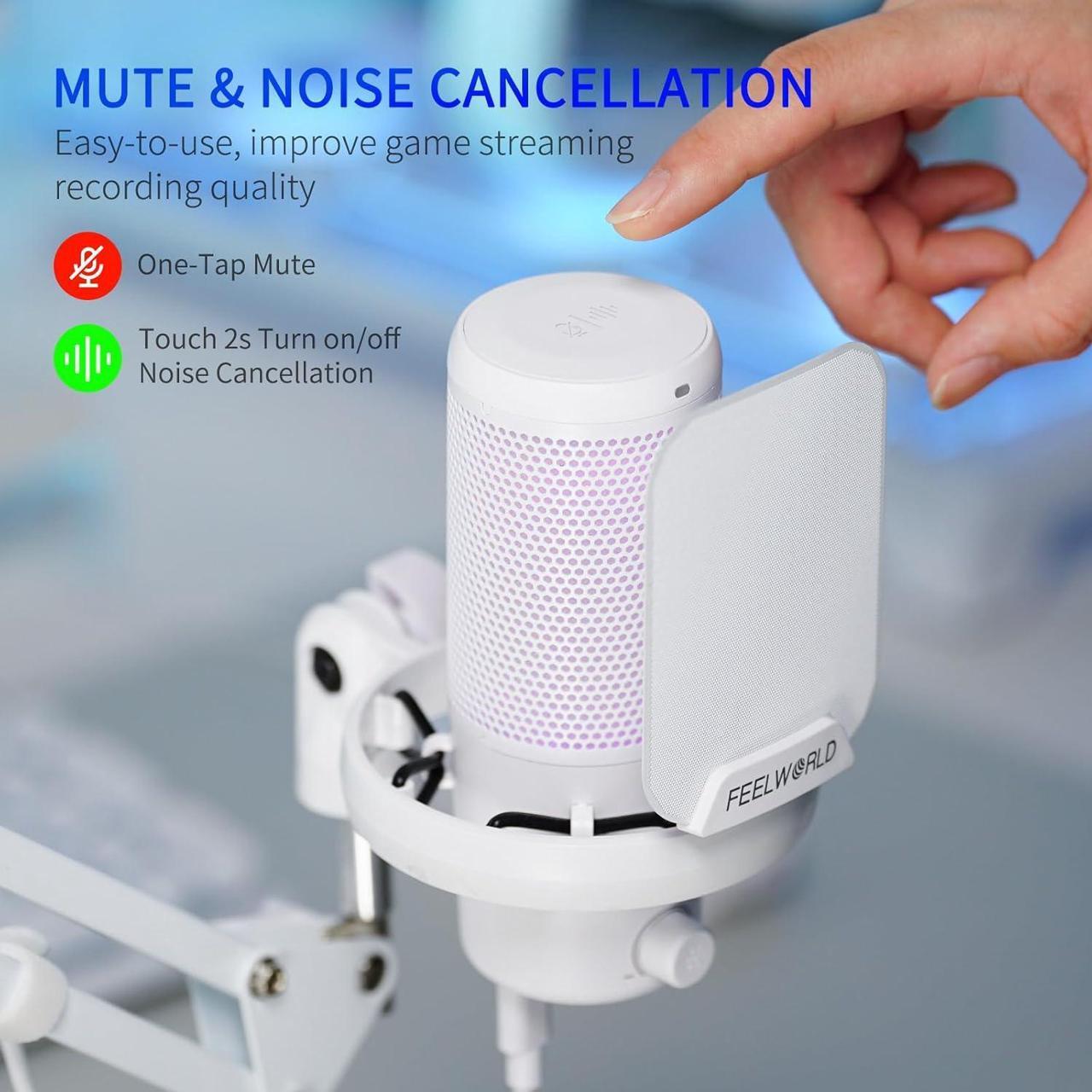 Alt view image 2 of 7 - FEELWORLD VM1 White Gaming PC USB Microphone Condenser Mic with Noise Cancellation Mute RGB Light, Computer Accessories for Gamer YouTube Twitch Podcast Streaming Recording Online Chat PS4 PS5