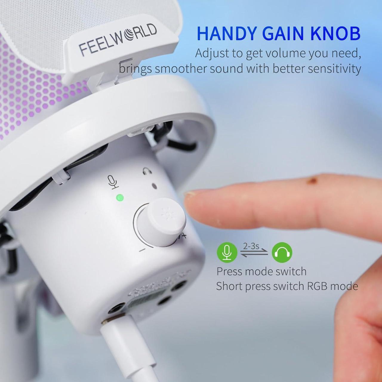 Alt view image 3 of 7 - FEELWORLD VM1 White Gaming PC USB Microphone Condenser Mic with Noise Cancellation Mute RGB Light, Computer Accessories for Gamer YouTube Twitch Podcast Streaming Recording Online Chat PS4 PS5