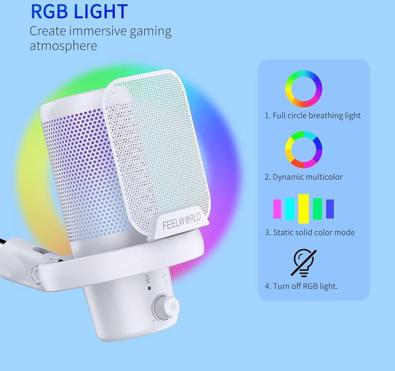 Alt view image 4 of 7 - FEELWORLD VM1 White Gaming PC USB Microphone Condenser Mic with Noise Cancellation Mute RGB Light, Computer Accessories for Gamer YouTube Twitch Podcast Streaming Recording Online Chat PS4 PS5