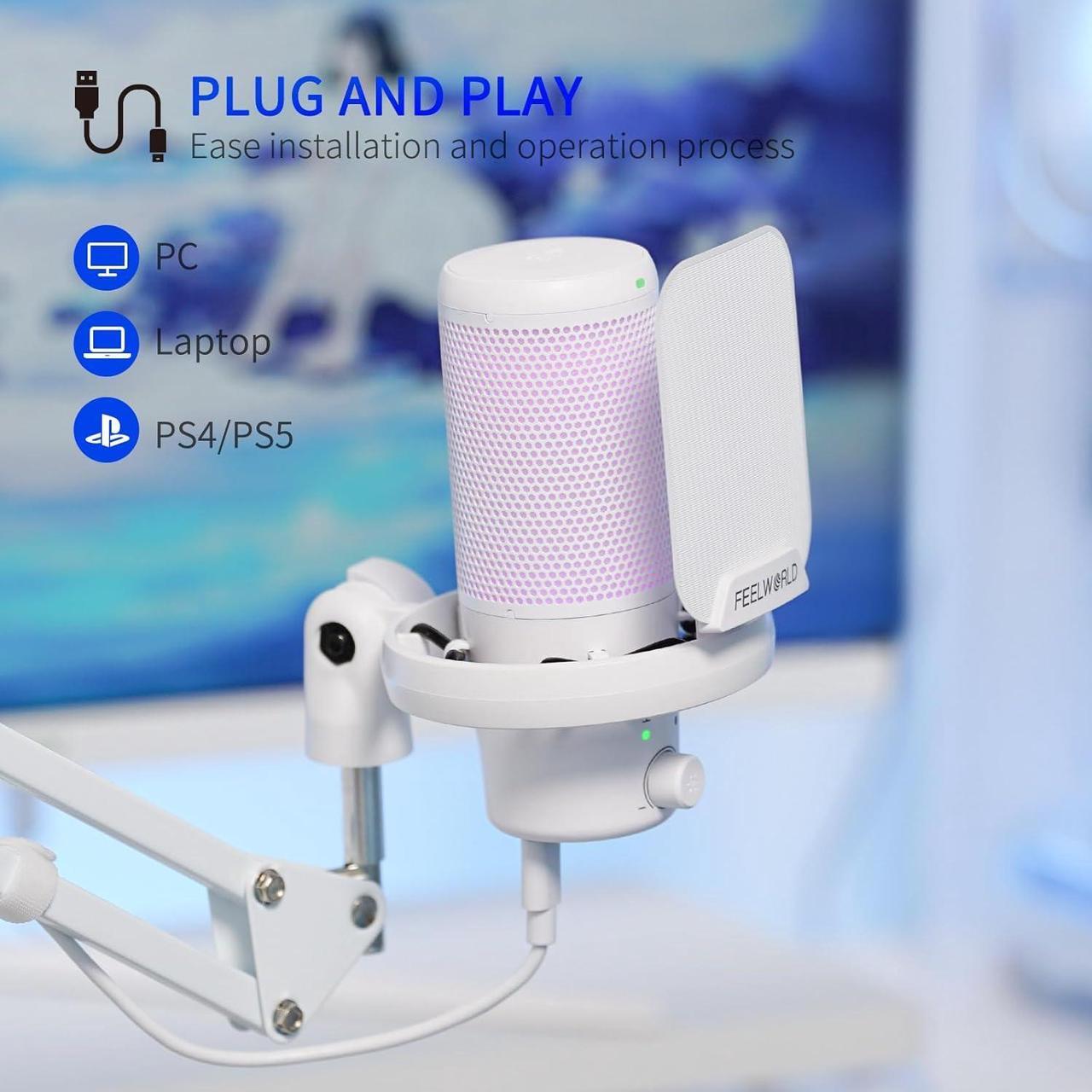 Alt view image 5 of 7 - FEELWORLD VM1 White Gaming PC USB Microphone Condenser Mic with Noise Cancellation Mute RGB Light, Computer Accessories for Gamer YouTube Twitch Podcast Streaming Recording Online Chat PS4 PS5
