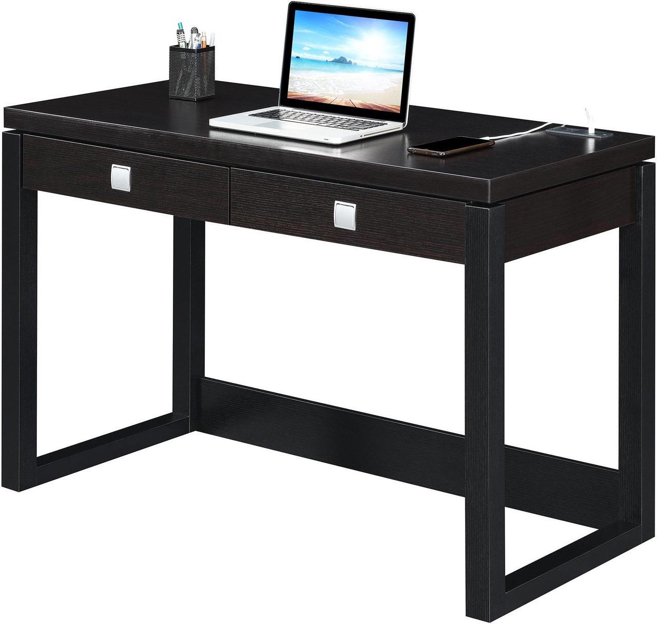 Alt view image 7 of 11 - Newport 2 Drawer Desk With Charging Station, Espresso/Black
