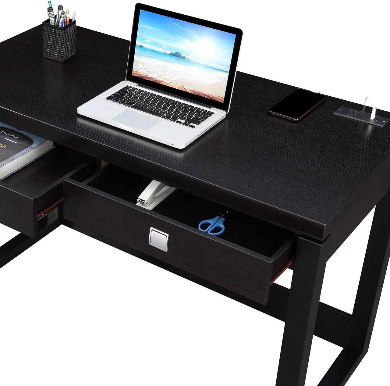 Alt view image 9 of 11 - Newport 2 Drawer Desk With Charging Station, Espresso/Black