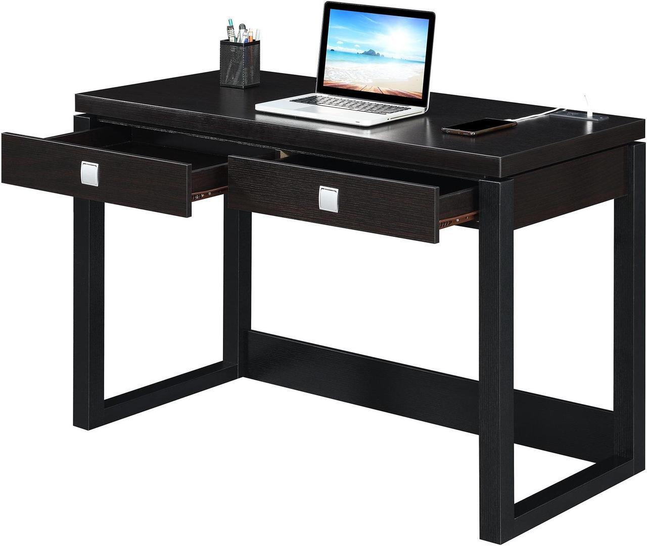 Alt view image 8 of 11 - Newport 2 Drawer Desk With Charging Station, Espresso/Black