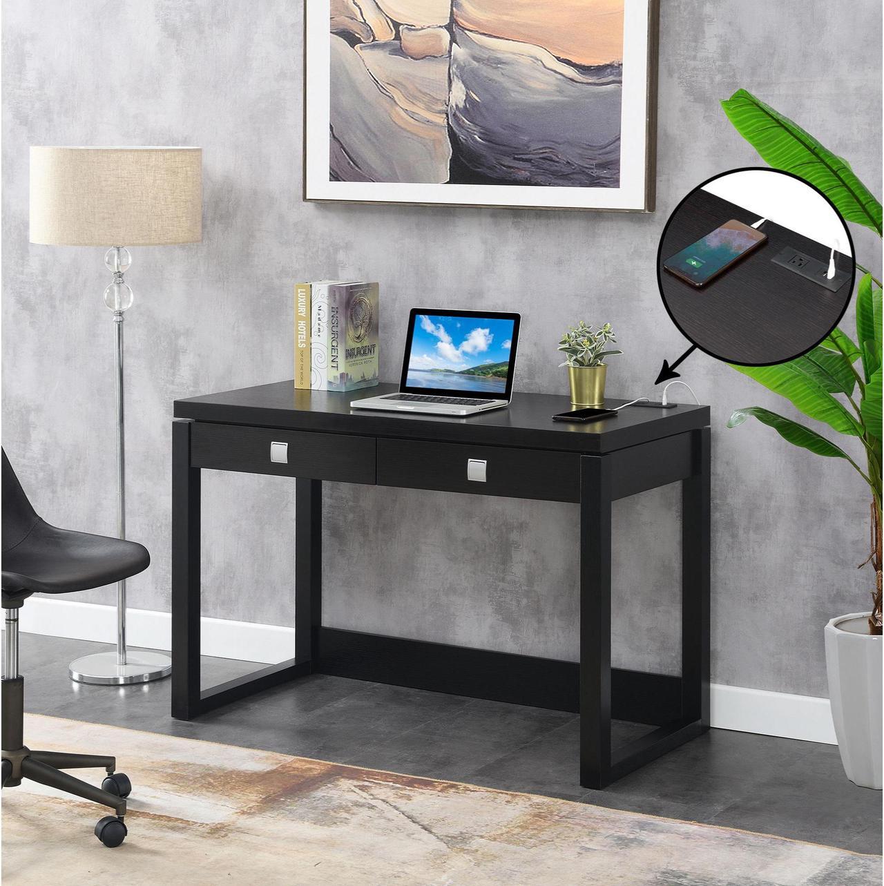 Alt view image 10 of 11 - Newport 2 Drawer Desk With Charging Station, Espresso/Black