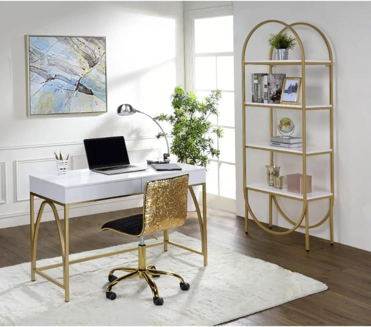 Alt view image 6 of 6 - Desk, White High Gloss & Gold