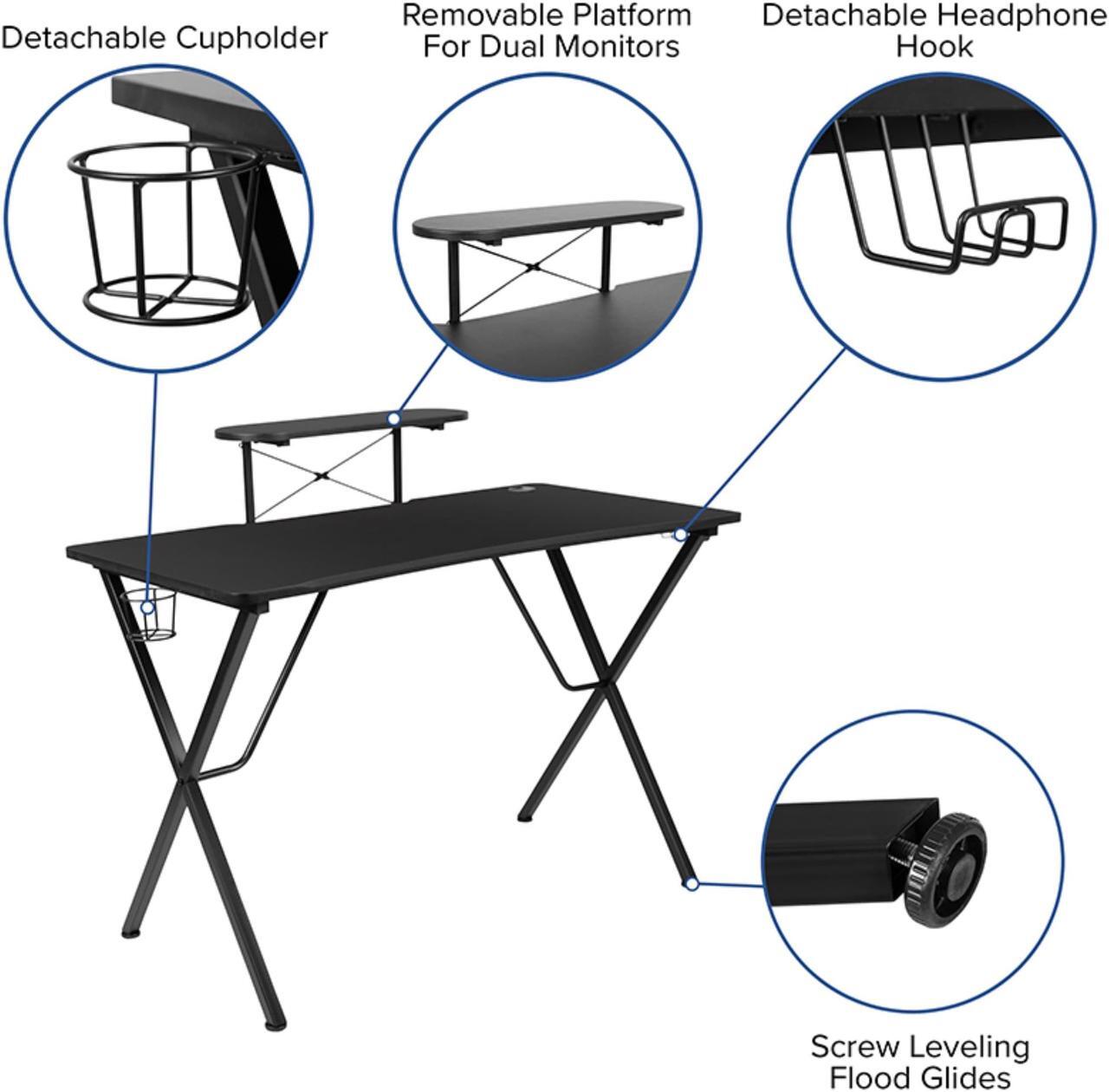 Alt view image 11 of 20 - Black Gaming Desk with Cup Holder/Headphone Hook and Monitor/Smartphone Stand & Gray Reclining Gaming Chair with Footrest