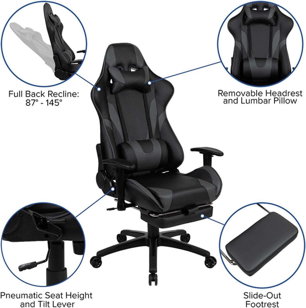 Alt view image 10 of 20 - Black Gaming Desk with Cup Holder/Headphone Hook and Monitor/Smartphone Stand & Gray Reclining Gaming Chair with Footrest