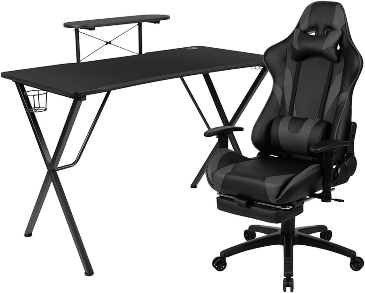 Alt view image 8 of 20 - Black Gaming Desk with Cup Holder/Headphone Hook and Monitor/Smartphone Stand & Gray Reclining Gaming Chair with Footrest