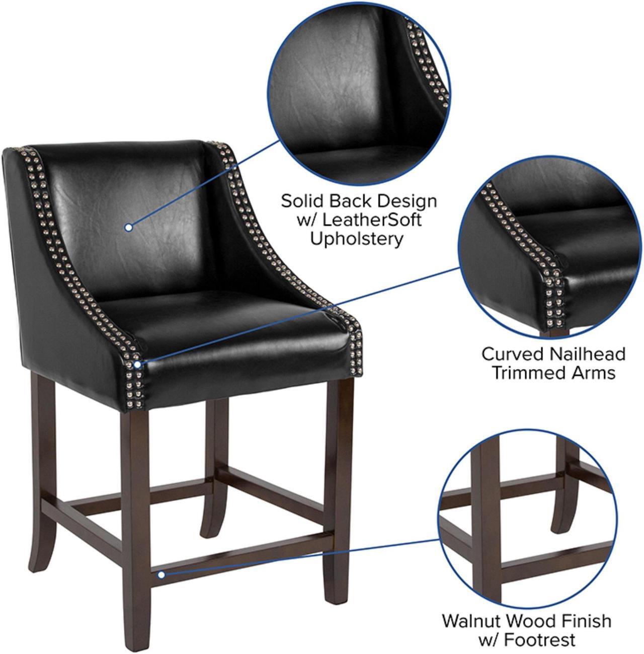 Alt view image 5 of 20 - Carmel Series 24" High Transitional Walnut Counter Height Stool with Nail Trim in Black LeatherSoft, Set of 2