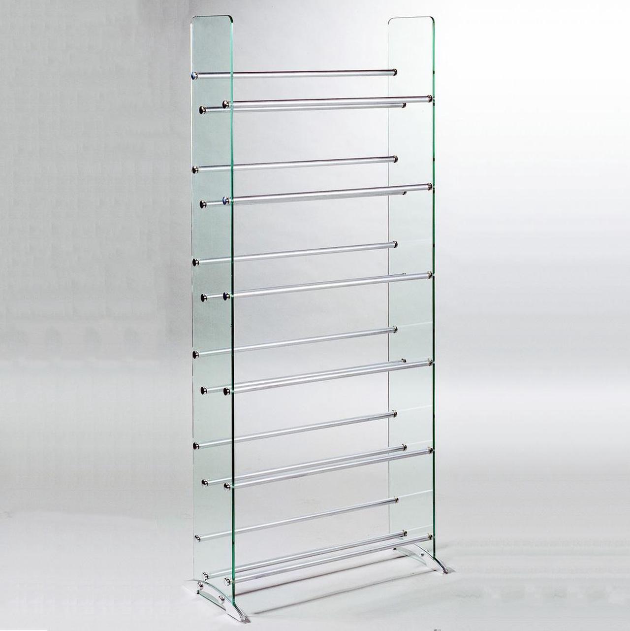 Main image of Clear glass CD/DVD rack, 6 shelves in brushed silver/chrome caps