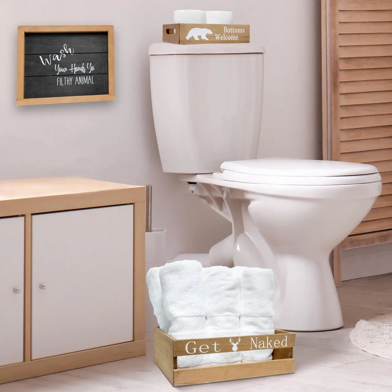 Alt view image 15 of 20 - Elegant Designs Three Piece Decorative Wood Bathroom Set, Small, Cabin/Lodge/Rustic  (1 Towel Holder, 1 Frame, 1 Toilet Paper Holder)