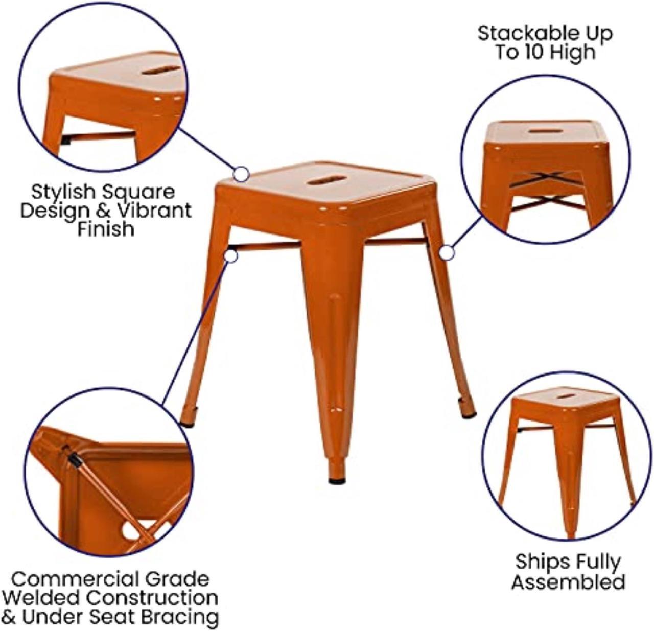 Alt view image 12 of 20 - 18" Table Height Stool, Stackable Backless Metal Indoor Dining Stool, Commercial Grade Restaurant Stool in Orange - Set of 4