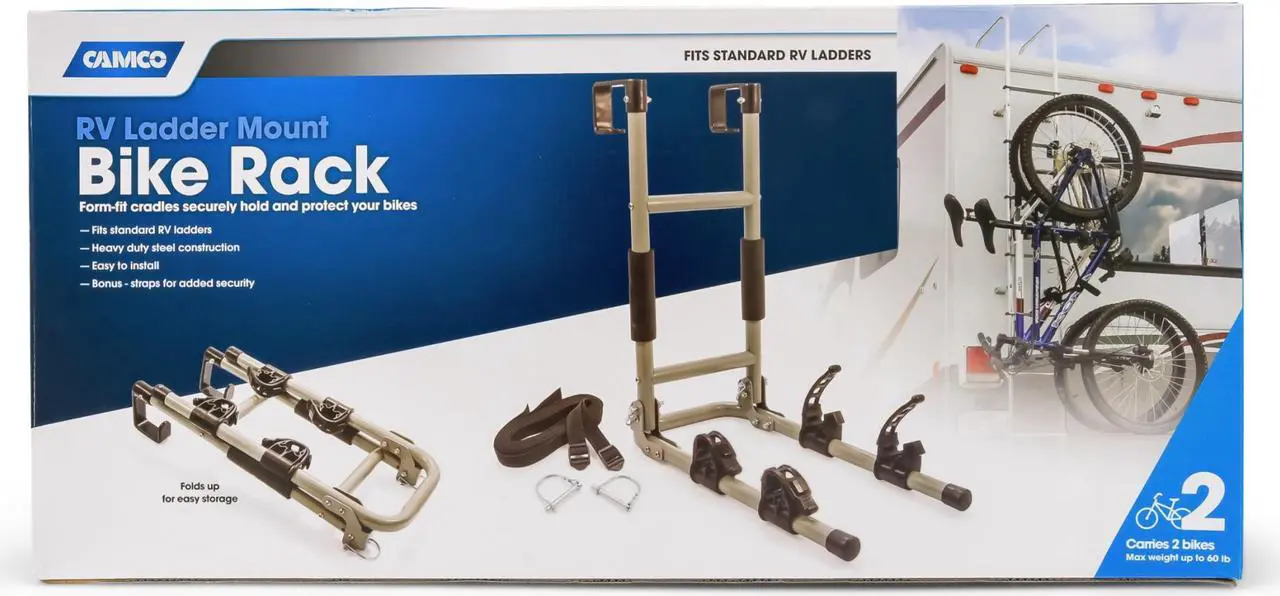 Alt view image 5 of 7 - camco rv ladder mount bike rack  easily installs on standard rv ladders, holds two bikes at once, folds for convenient storage 51492