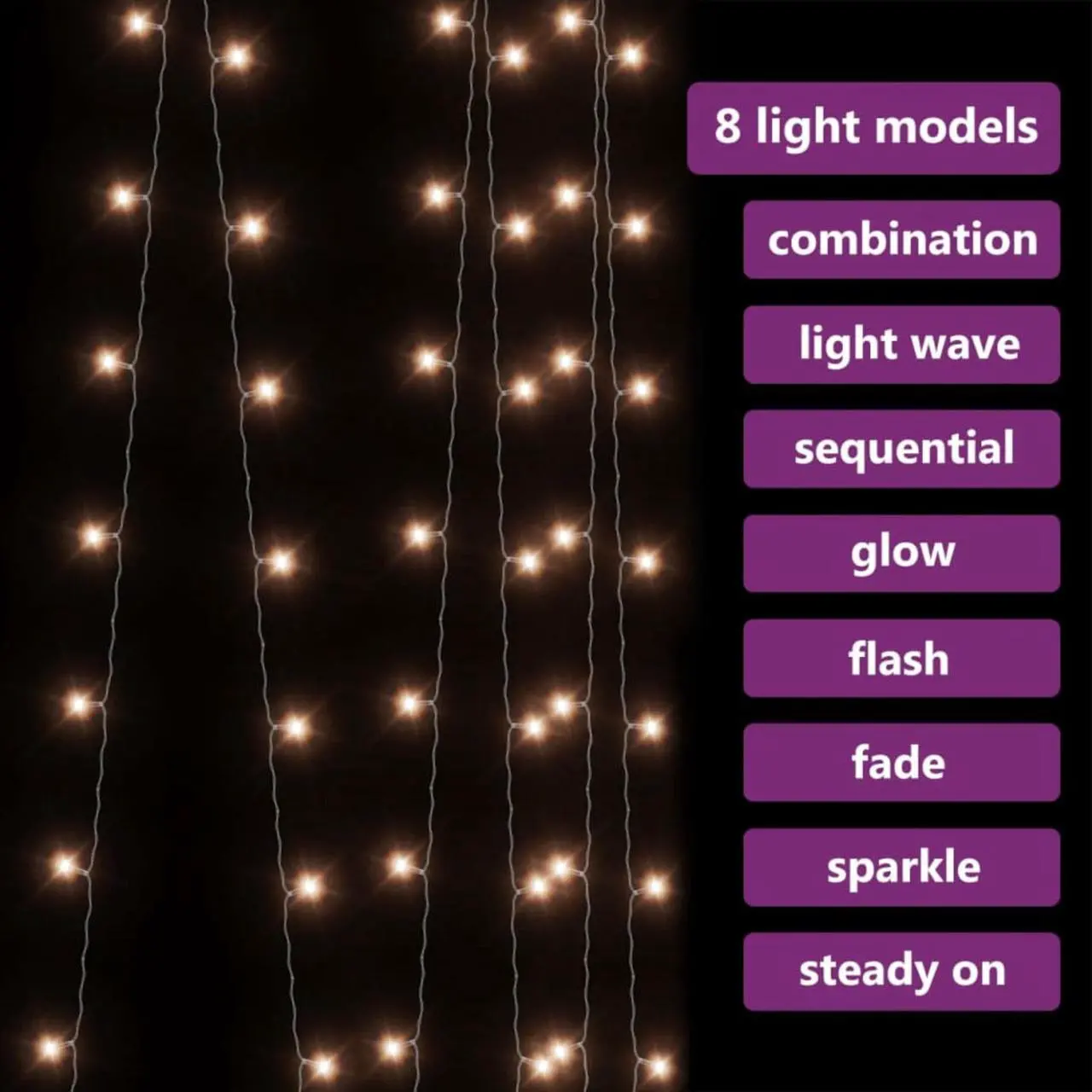 Alt view image 3 of 11 - vidaXL LED Curtain Fairy Lights 1.2"x1.2" 300 LED Warm White 8 Function