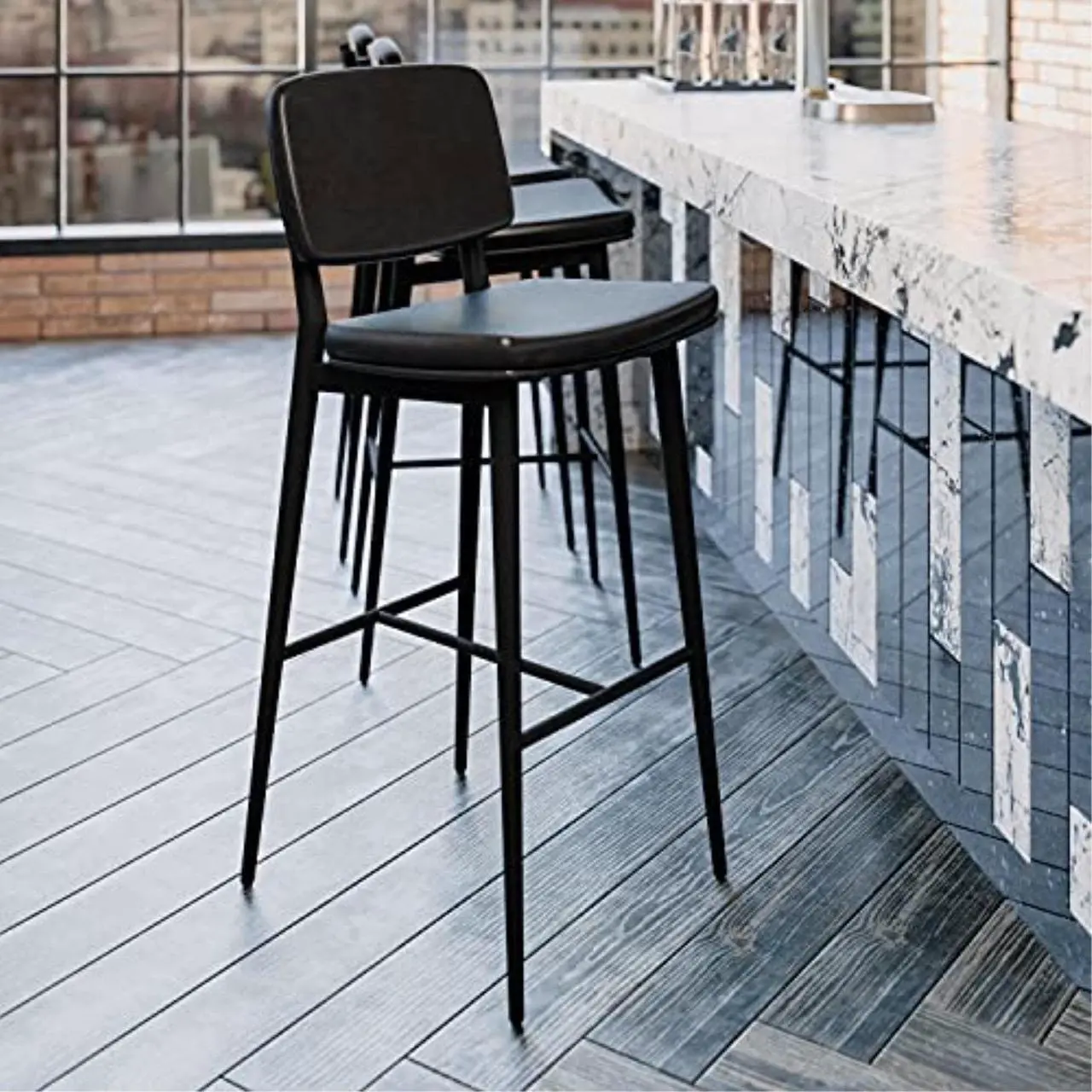 Alt view image 9 of 20 - Kenzie Commercial Grade Mid-Back Barstools - Black LeatherSoft Upholstery - Black Iron Frame with Integrated Footrest - Set of 2