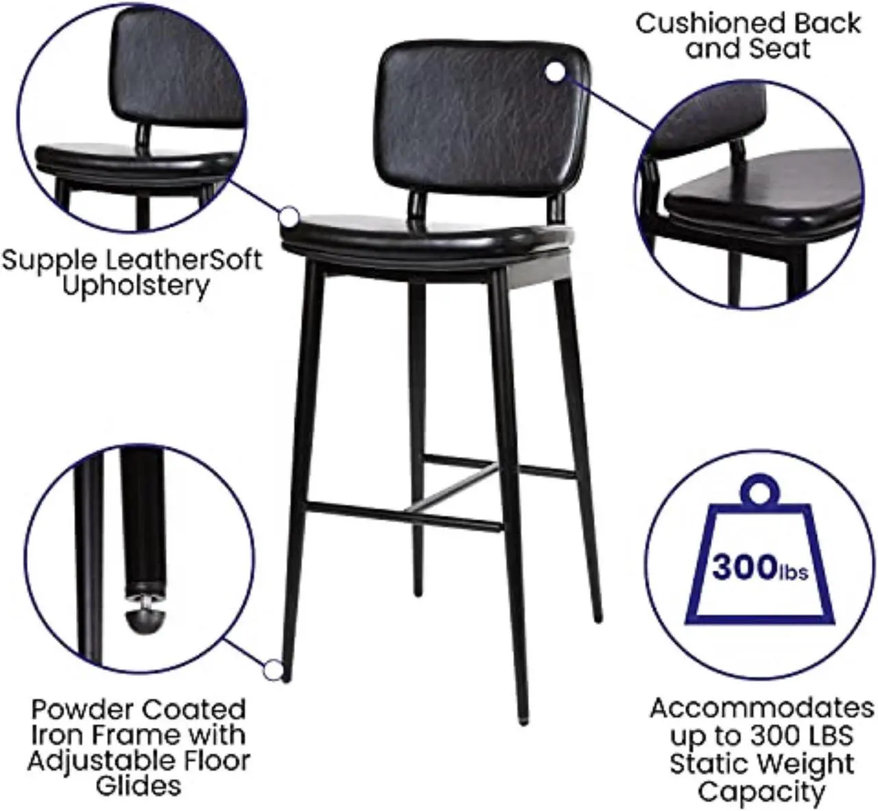 Alt view image 12 of 20 - Kenzie Commercial Grade Mid-Back Barstools - Black LeatherSoft Upholstery - Black Iron Frame with Integrated Footrest - Set of 2