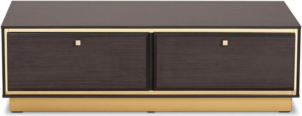 Alt view image 10 of 20 - Baxton Studio Cormac Mid-Century Modern Transitional Dark Brown Finished Wood and Gold Metal 2-Drawer Coffee Table