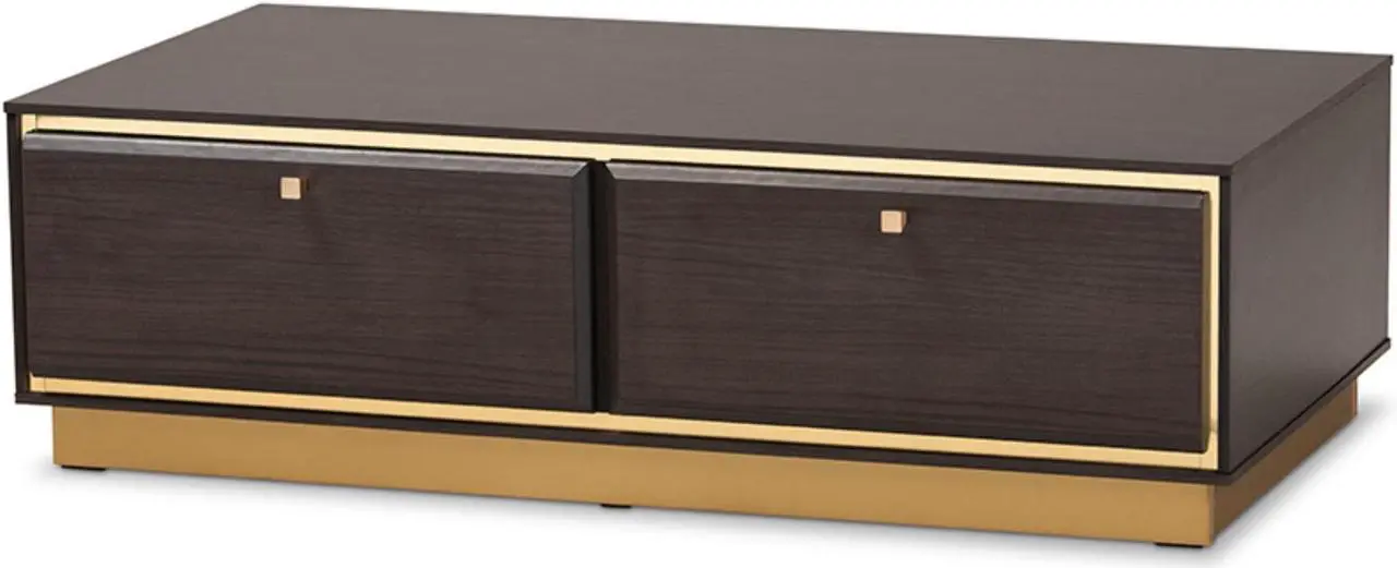 Alt view image 8 of 20 - Baxton Studio Cormac Mid-Century Modern Transitional Dark Brown Finished Wood and Gold Metal 2-Drawer Coffee Table