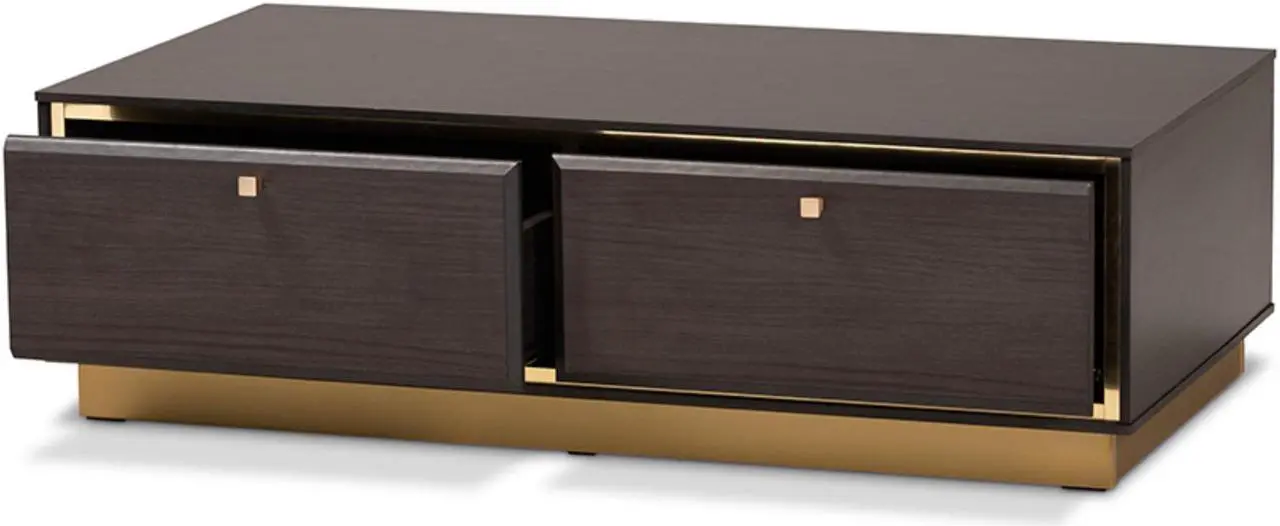 Alt view image 9 of 20 - Baxton Studio Cormac Mid-Century Modern Transitional Dark Brown Finished Wood and Gold Metal 2-Drawer Coffee Table