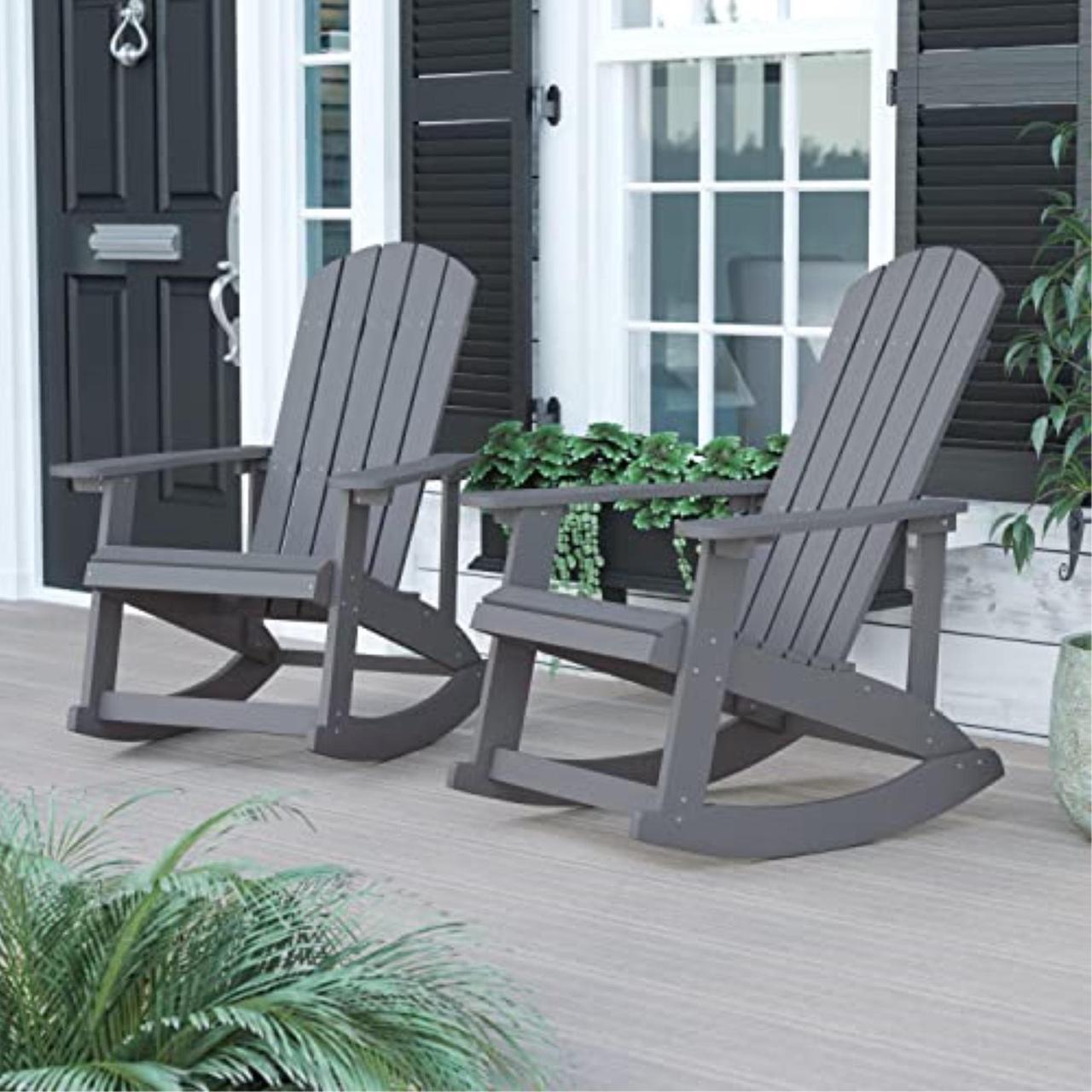 Main image of Savannah All-Weather Poly Resin Wood Adirondack Rocking Chair with Rust Resistant Stainless Steel Hardware in Gray - Set of 2