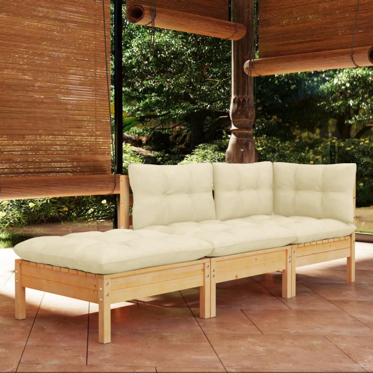 Alt view image 4 of 13 - vidaXL 3 Piece Patio Lounge Set with Cream Cushions Solid Pinewood