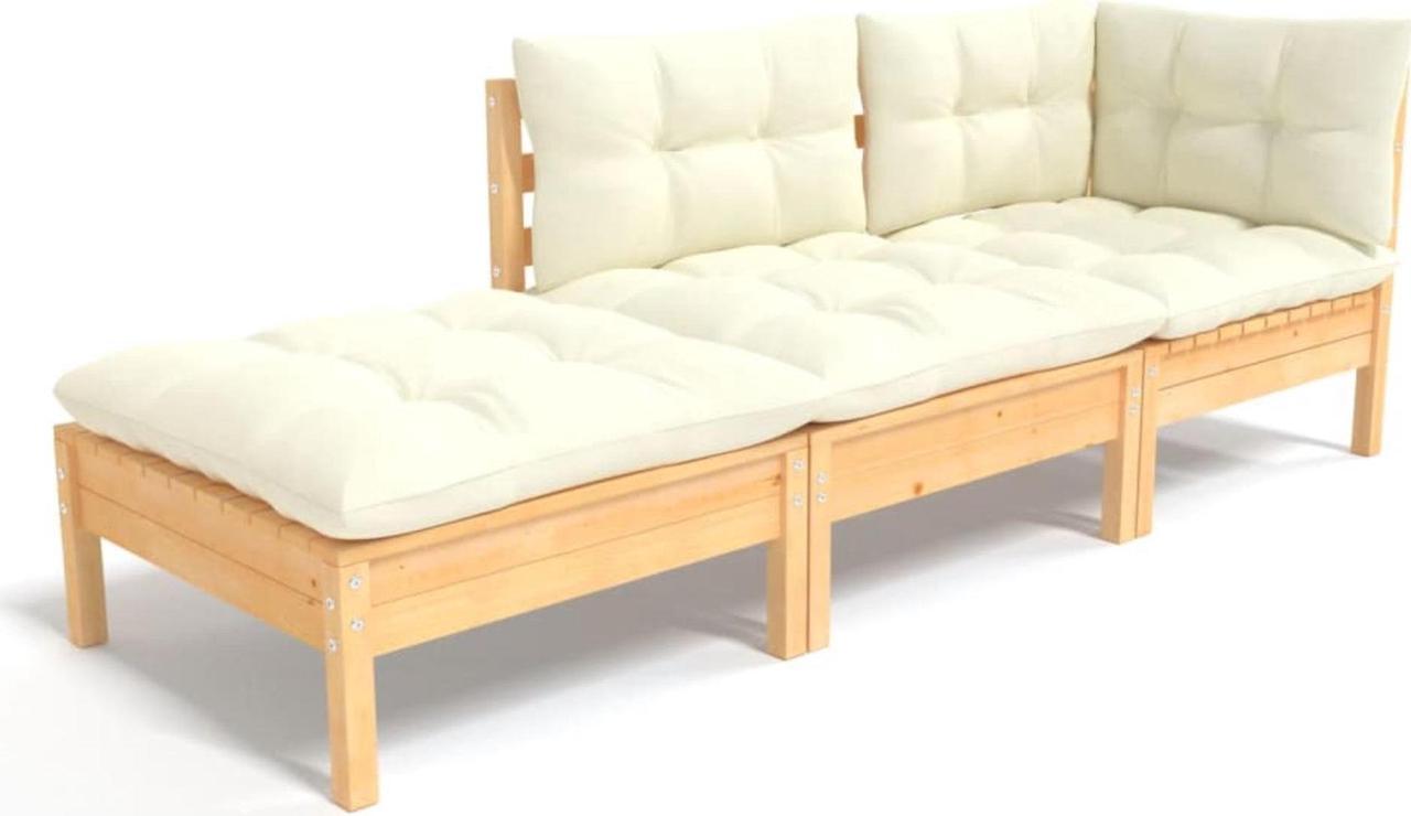 Alt view image 6 of 13 - vidaXL 3 Piece Patio Lounge Set with Cream Cushions Solid Pinewood
