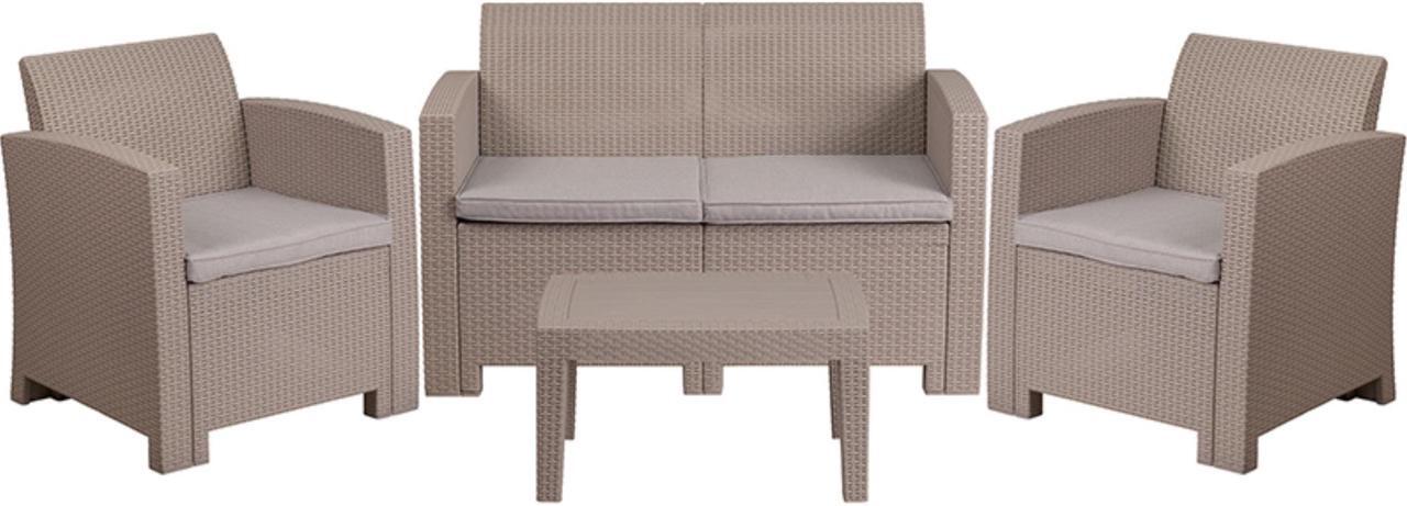 Main image of Flash Furniture 4 Piece Outdoor Faux Rattan Chair, Loveseat and Table Set in Charcoal