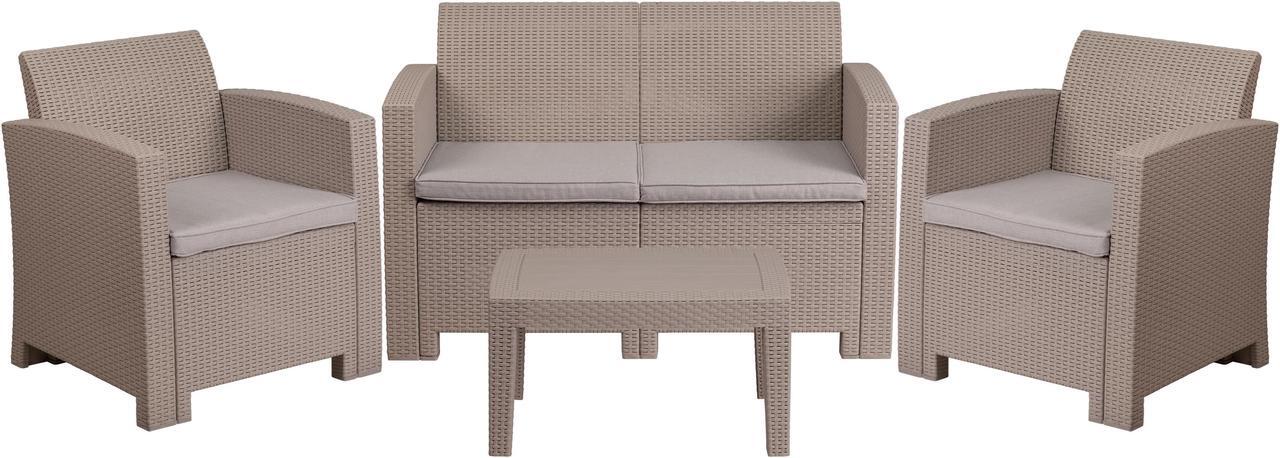 Alt view image 2 of 5 - Flash Furniture 4 Piece Outdoor Faux Rattan Chair, Loveseat and Table Set in Charcoal