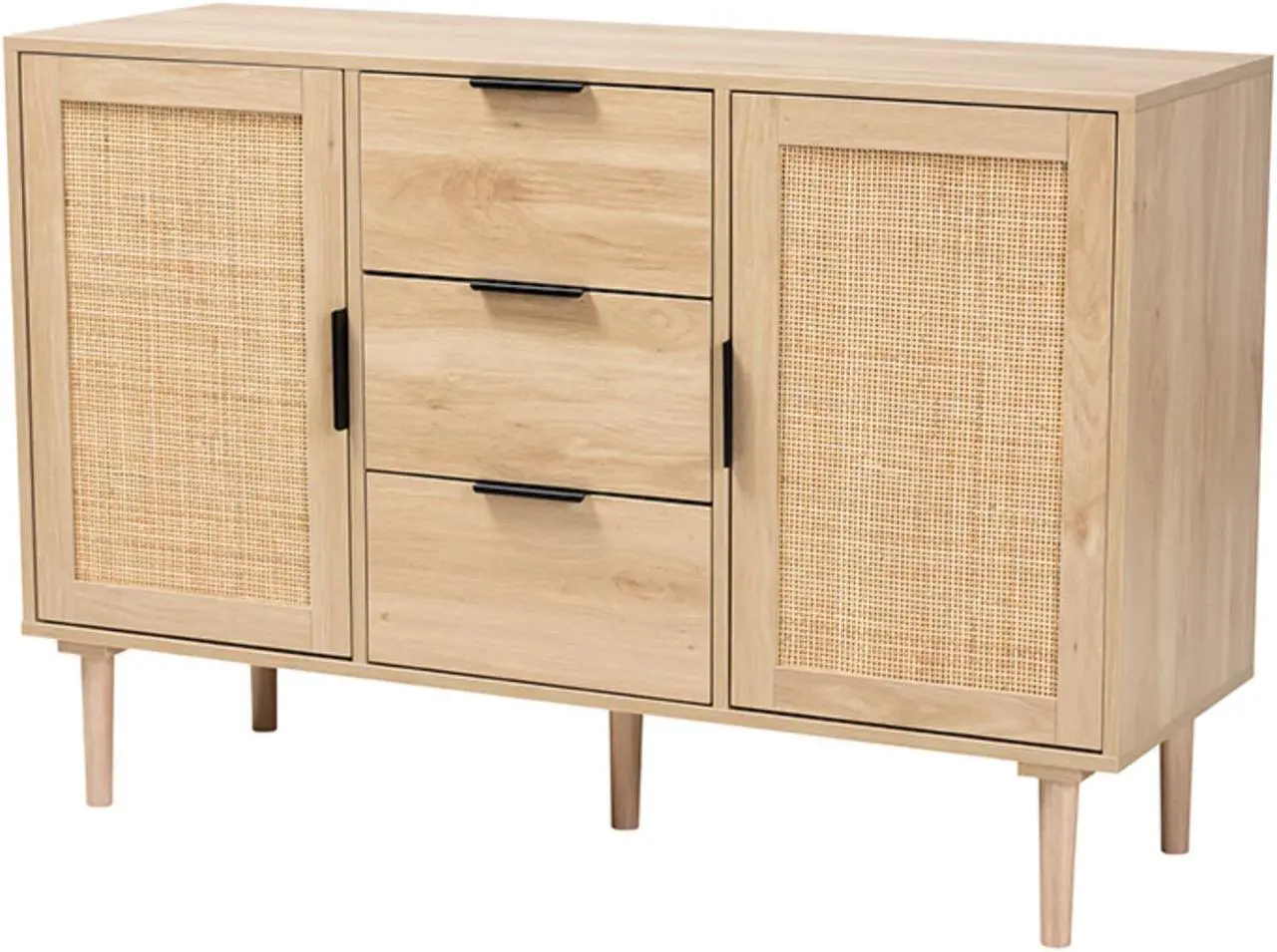 Alt view image 8 of 20 - Baxton Studio Harrison Mid-Century Modern Natural Brown Finished Wood and Natural Rattan 3-Drawer Sideboard