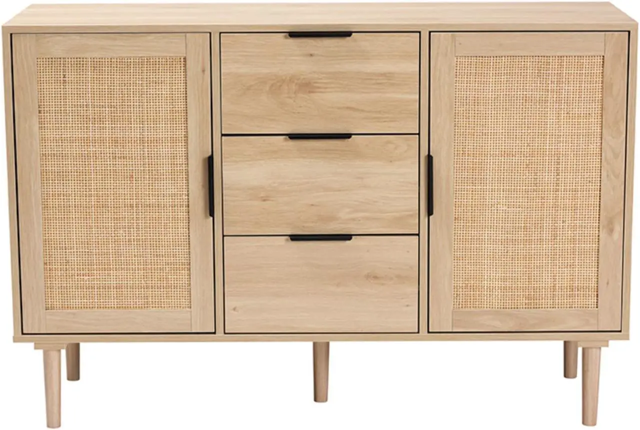 Alt view image 10 of 20 - Baxton Studio Harrison Mid-Century Modern Natural Brown Finished Wood and Natural Rattan 3-Drawer Sideboard