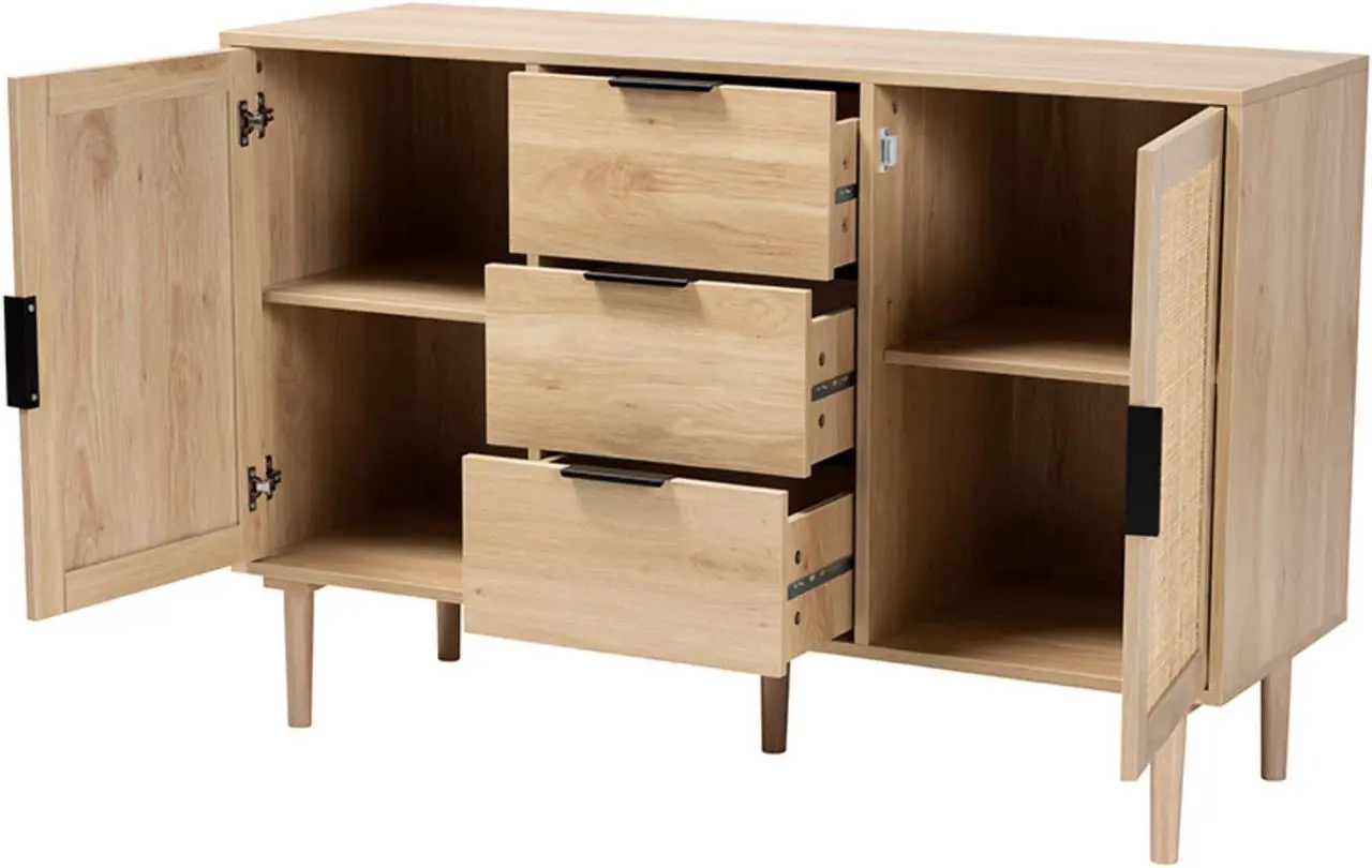 Alt view image 9 of 20 - Baxton Studio Harrison Mid-Century Modern Natural Brown Finished Wood and Natural Rattan 3-Drawer Sideboard