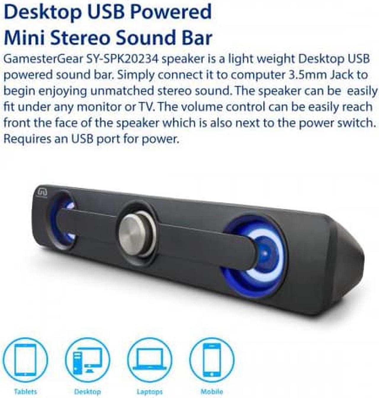 Alt view image 9 of 15 - Desktop Compact USB Powered Wired Multimedia Mini Stereo Sound Bar 3.5mm Audio Jack Blue LED 2.5 Watts
