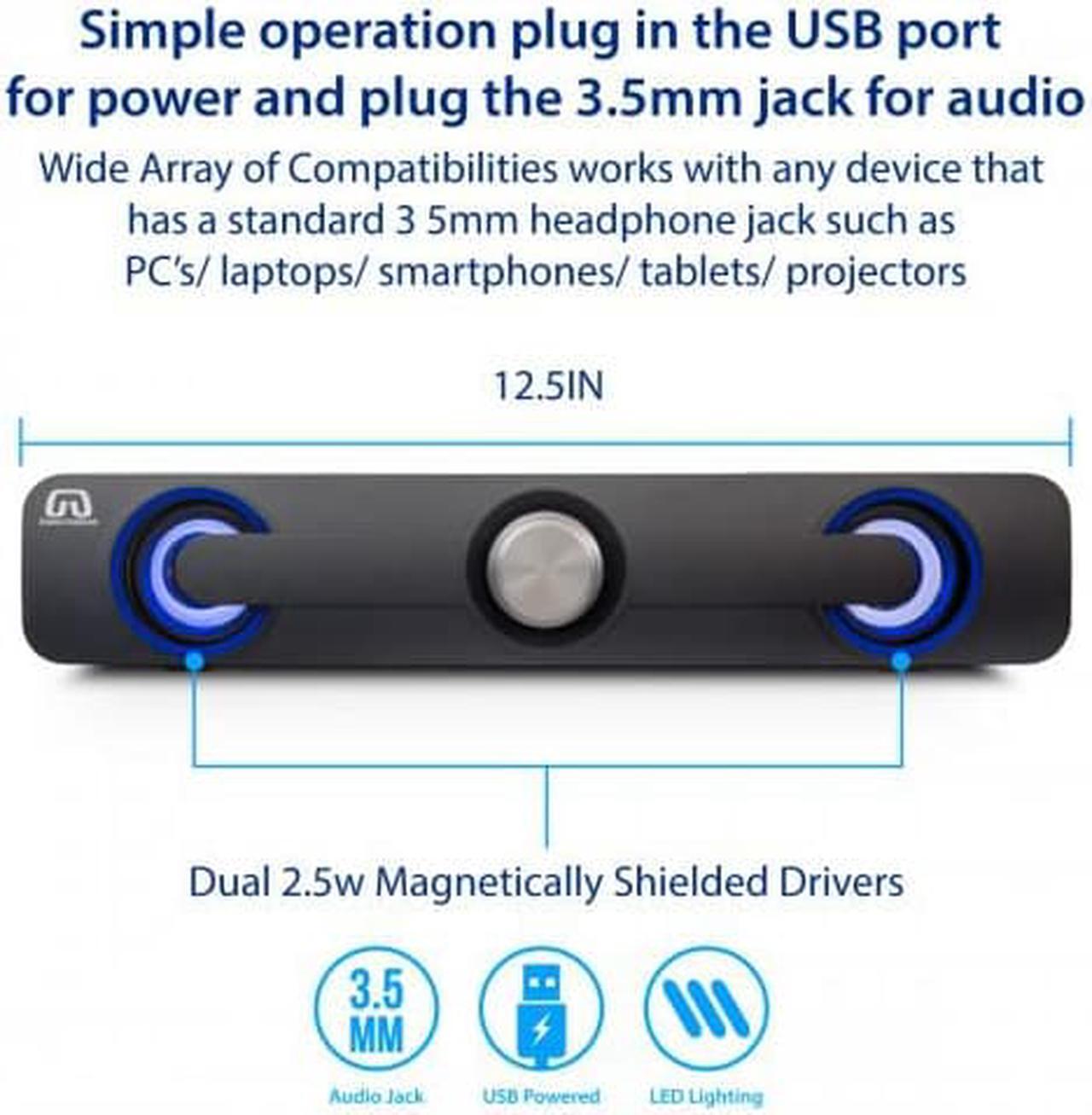 Alt view image 10 of 15 - Desktop Compact USB Powered Wired Multimedia Mini Stereo Sound Bar 3.5mm Audio Jack Blue LED 2.5 Watts