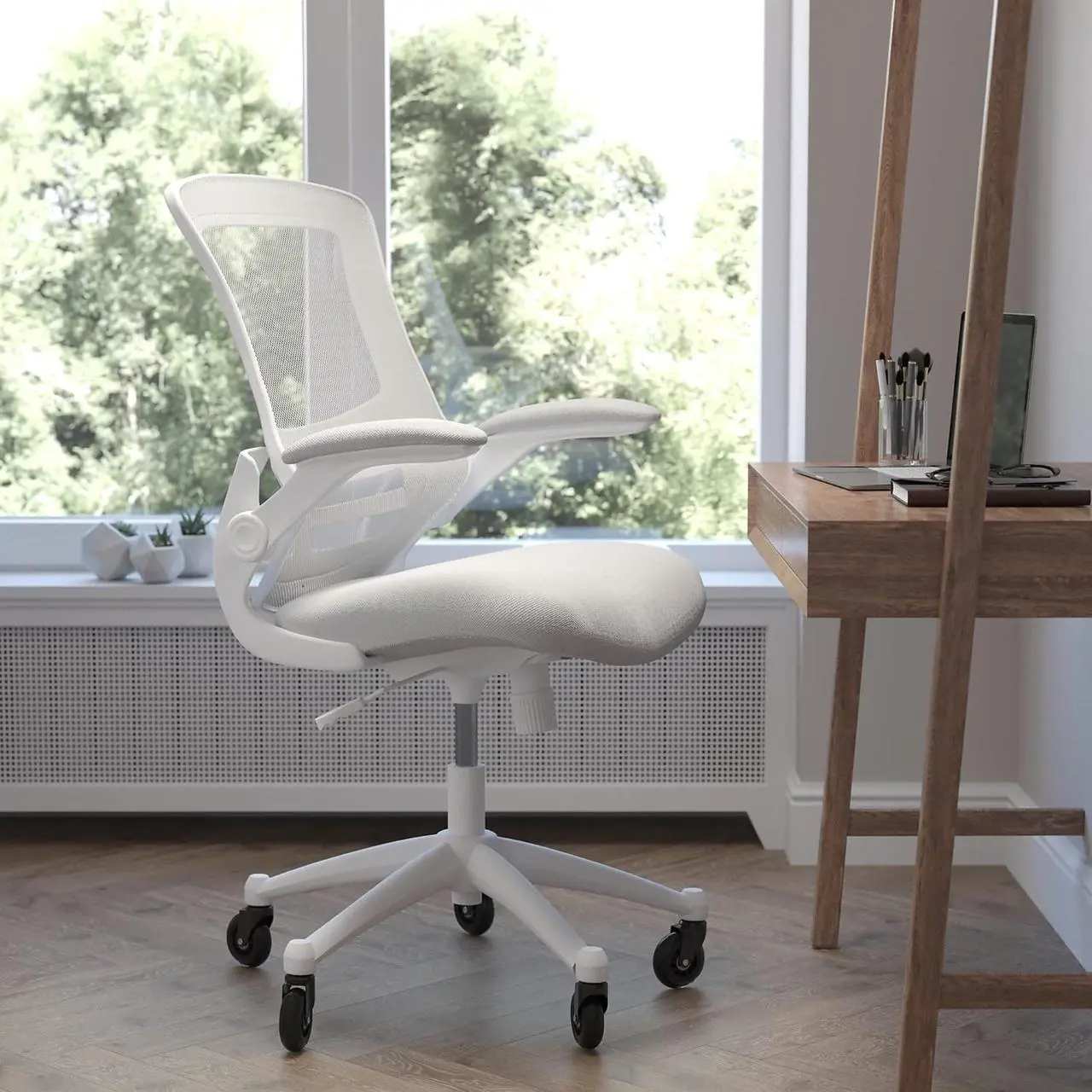 Alt view image 2 of 20 - Kelista Mid-Back Light Gray Mesh Swivel Ergonomic Task Office Chair with White Frame, Flip-Up Arms, and Transparent Roller Wheels