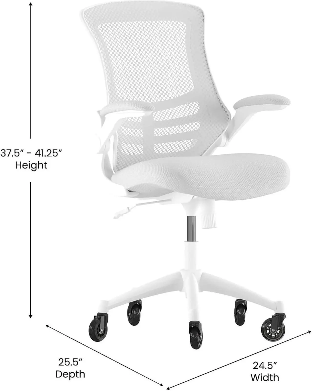 Alt view image 4 of 20 - Kelista Mid-Back Light Gray Mesh Swivel Ergonomic Task Office Chair with White Frame, Flip-Up Arms, and Transparent Roller Wheels