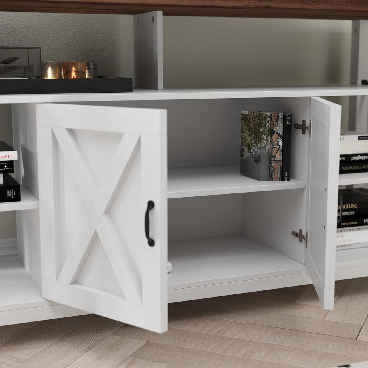 Alt view image 3 of 12 - Wyatt 60" Modern Farmhouse Tall TV Stand with Storage Cabinets and Shelves for TV's up to 60", White/Rustic Oak