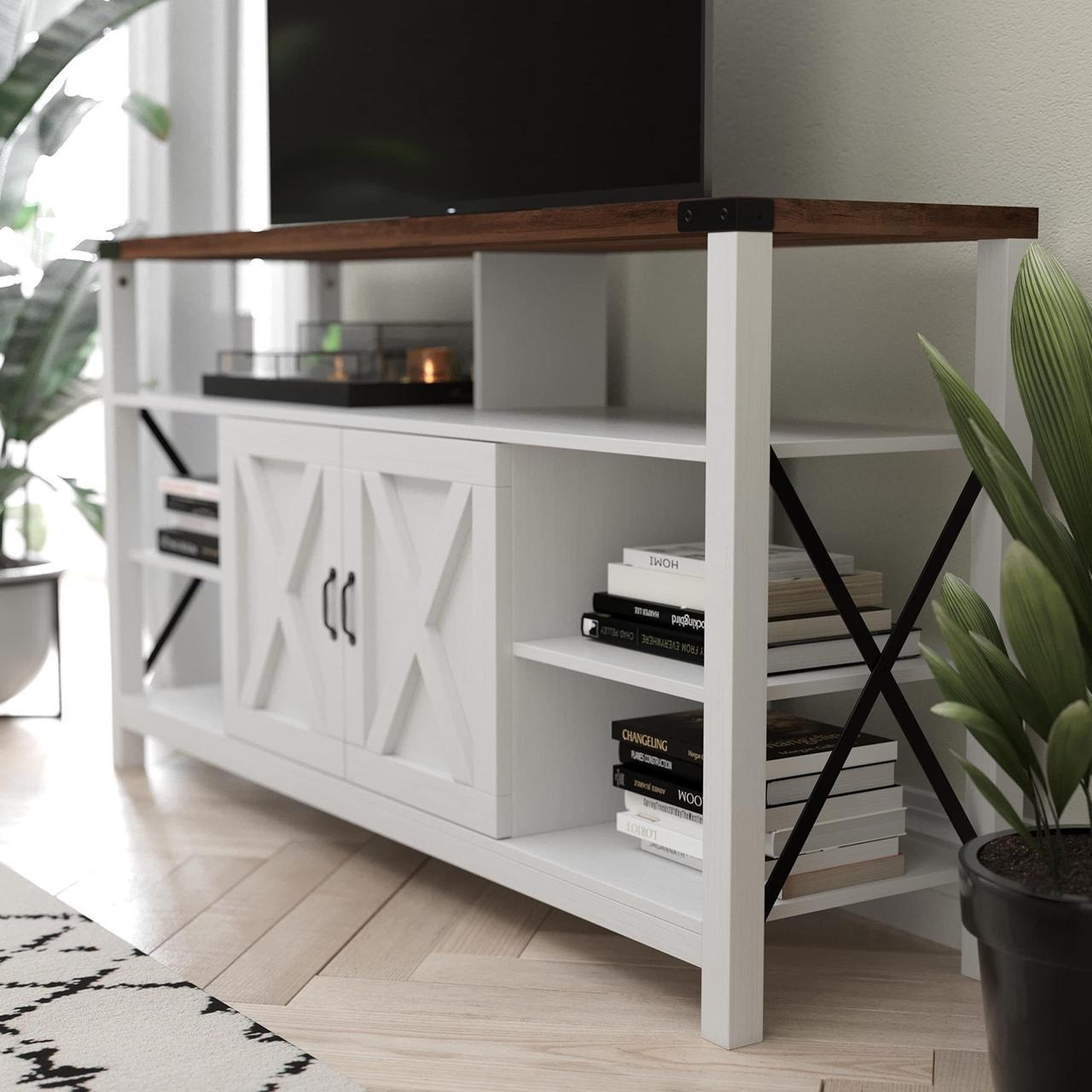Alt view image 2 of 12 - Wyatt 60" Modern Farmhouse Tall TV Stand with Storage Cabinets and Shelves for TV's up to 60", White/Rustic Oak