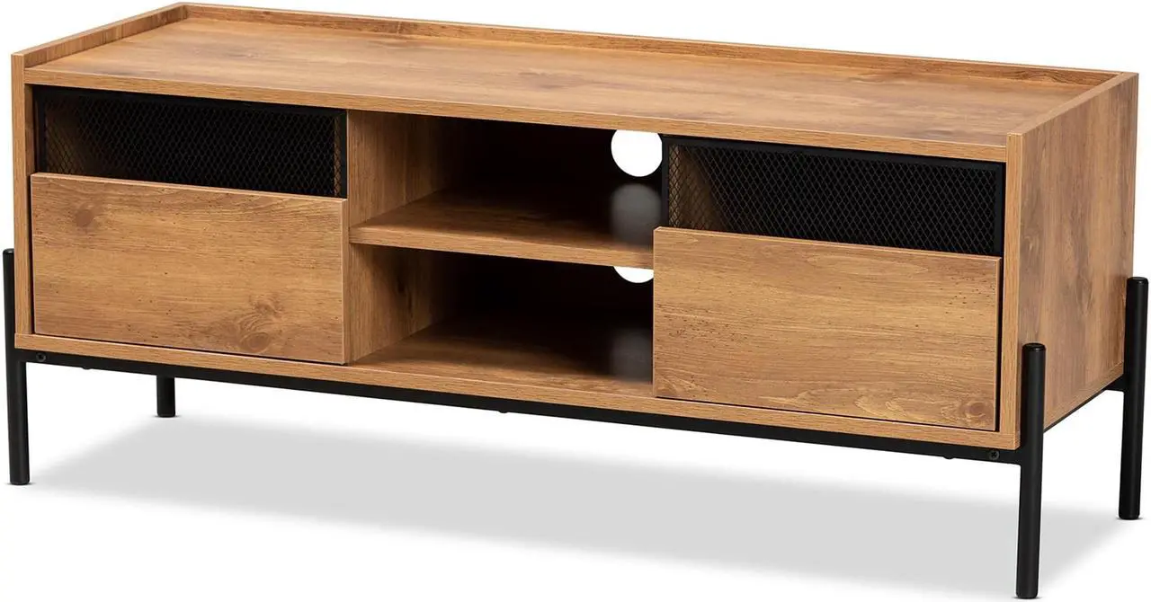 Alt view image 8 of 20 - Baxton Studio Tasman Modern and Contemporary Industrial Natural Brown Finished Wood and Black Metal 2-Door TV Stand