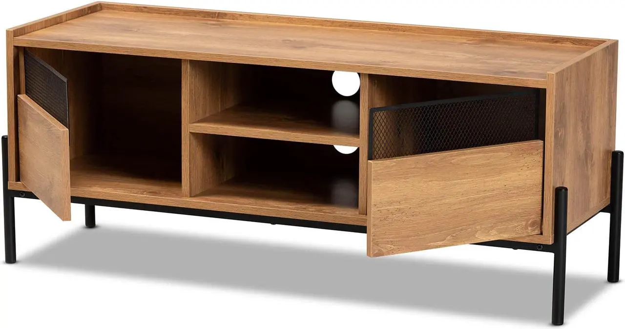 Alt view image 9 of 20 - Baxton Studio Tasman Modern and Contemporary Industrial Natural Brown Finished Wood and Black Metal 2-Door TV Stand