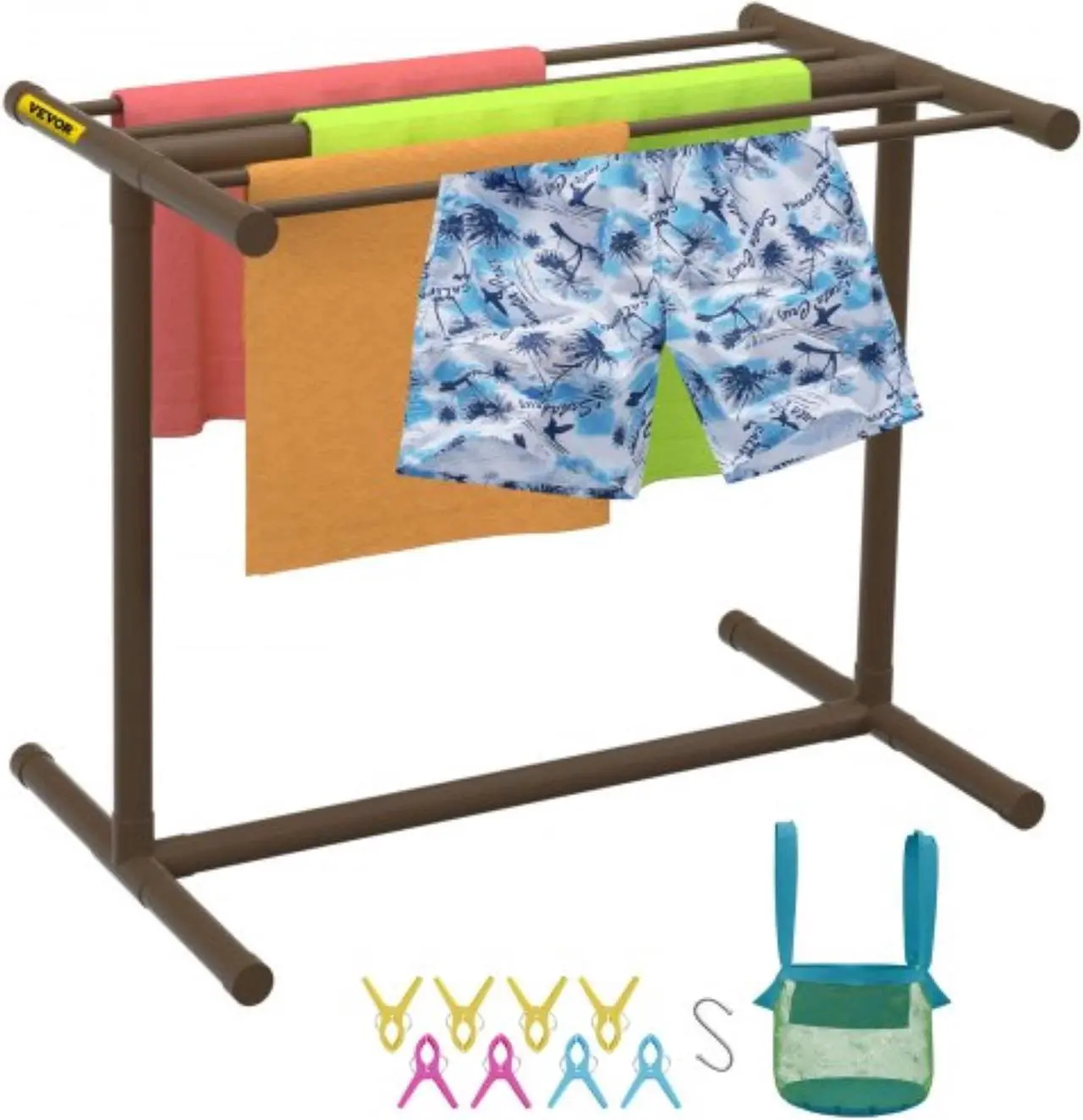 Main image of VEVOR Pool Towel Rack, 5 Bar, Brown, Freestanding Outdoor PVC T-Shape Poolside Storage Organizer, Include 8 Towel Clips, Mesh Bag, Hook, Also Stores Floats and Paddles, for Beach, Swimming Pool, Home