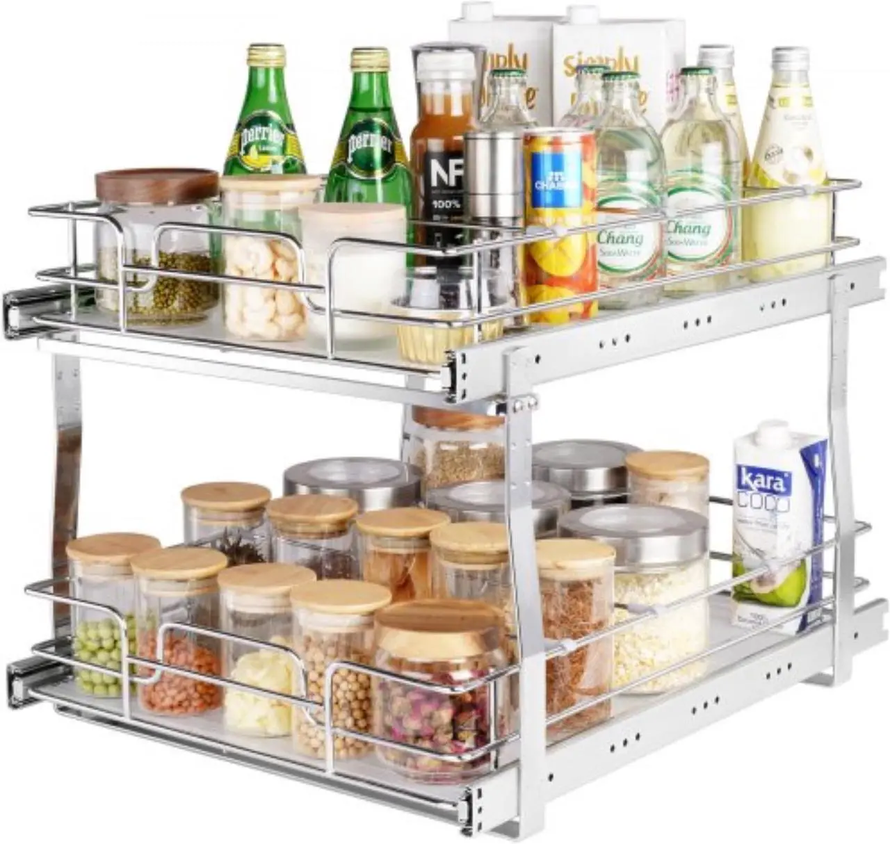 Main image of VEVOR 2 Tier 16"W x 21"D Pull Out Cabinet Organizer, Heavy Duty Slide Out Pantry Shelves, Chrome-Plated Steel Roll Out Drawers, Sliding Drawer Storage for Inside Kitchen Cabinet, Bathroom, Under Sink
