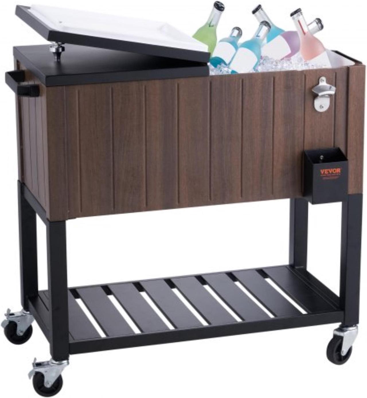 Main image of VEVOR Rolling Ice Chest Cooler Cart 80 Quart, Portable Bar Drink Cooler, Beverage Bar Stand Up Cooler with Wheels, Bottle Opener, Handles for Patio Backyard Party Pool, Wooden Teak Accent, Brown